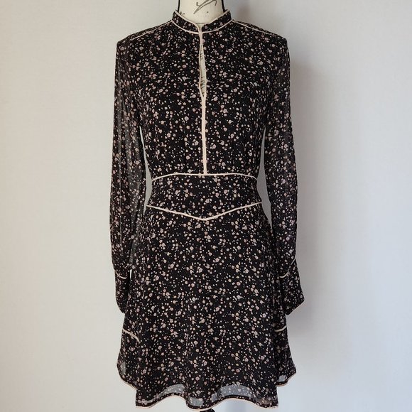 All Saints Dresses & Skirts - AllSaints Kay Floral Motif Sheer Chiffon Mini Dress Long Sleeve Black Pink